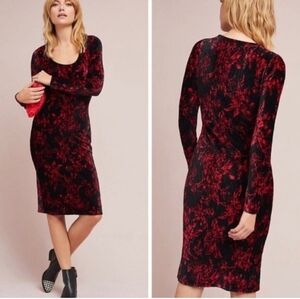 Anthropologie HD in Paris Velvet Diedre Floral Midi Ribbed Dress Black Red XS